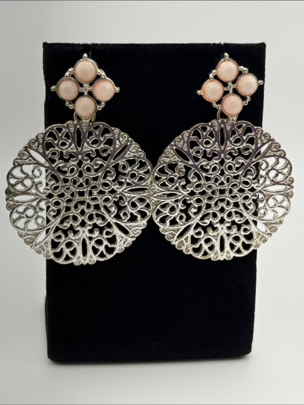 Charming Charlie Silver Filigree Drop Earrings with Peachy Pink Accents